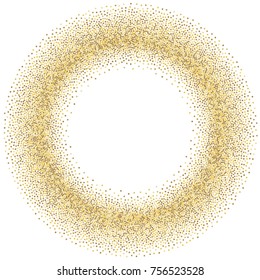 Gold glitter round frame. Golden ring dust falling round, flying circle yellow and brown confetti elements. Sparkle dots, round tinsel elements Christmas graphic background isolated on white vector.