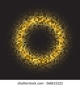 Gold glitter round frame on black background. Golden glittering ring with halftone effect. Sparkling background for design.