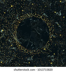 Gold glitter round frame pattern on black marble background. Golden festive confetti for luxury templates with text place, greeting gards, covers and invitations.