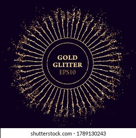 Gold glitter round vector frame. Sun beams glossy dust. Luxury background.