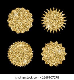Gold glitter sale stickers set isolated on black background. Promo product golden shiny labels template, starburst, sunburst badges. Vector design elements for price tag, quality mark, web design