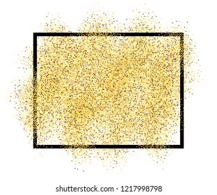 Gold glitter sand in black frame isolated white background. Golden texture confetti, sequins, dust spray. Bright pattern design New Year decoration, Christmas holiday celebration Vector illustration