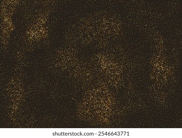 Gold glitter, sand, grainy texture, dust on black background. Grunge dotted effect, abstract layout with small dots. Vector illustration