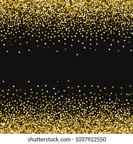 Gold glitter. Scattered border on black background. Superb vector illustration.