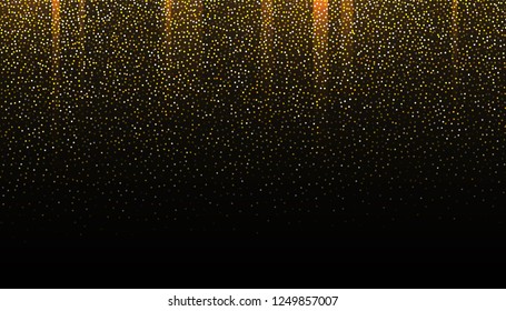 Gold glitter seamless border on black background. Glittering falling confetti backdrop. Golden shimmer texture for luxury design. Dust abstract on dark. Vector illustration.