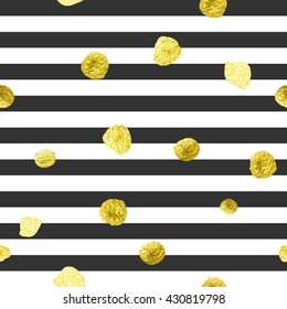 Gold glitter seamless polka dot and stripes vector pattern. Great texture with golden middle-size dots on striped grey and white background. Can be used in web, printing, textile or interior design.
