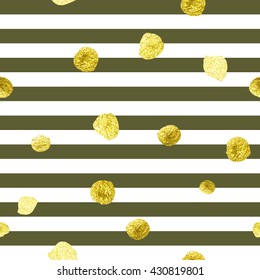 Gold glitter seamless polka dot and stripes vector pattern. Great texture with golden middle-size dots on striped grey and white background. Can be used in web, printing, textile or interior design.