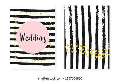 Gold glitter sequins with dots. Wedding and bridal shower invitation cards set with confetti. Vertical stripes background. Fashion gold glitter sequins for party, event, save the date flyer.