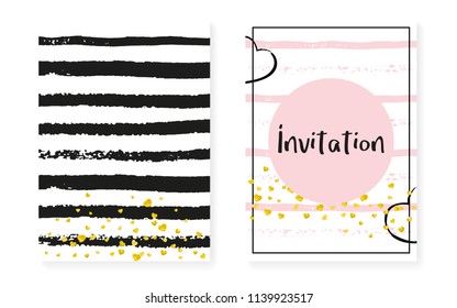 Gold glitter sequins with dots. Wedding and bridal shower invitation cards set with confetti. Vertical stripes background. Tender gold glitter sequins for party, event, save the date flyer.
