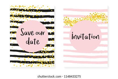 Gold glitter sequins with dots. Wedding and bridal shower invitation cards set with confetti. Vertical stripes background. Elegant gold glitter sequins for party, event, save the date flyer.