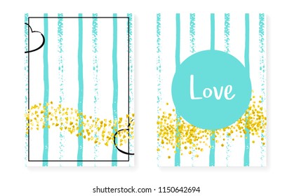 Gold glitter sequins with dots. Wedding and bridal shower invitation cards set with confetti. Vertical mint stripes background. Vintage gold glitter sequins for party, event, save the date flyer