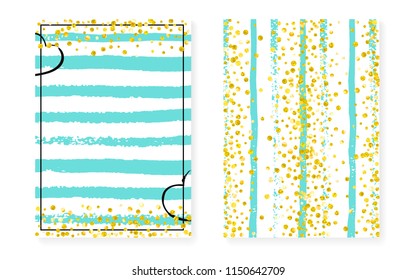 Gold glitter sequins with dots. Wedding and bridal shower invitation cards set with confetti. Vertical turquoise stripes background. Fashion gold glitter sequins for party, event, save the date flyer