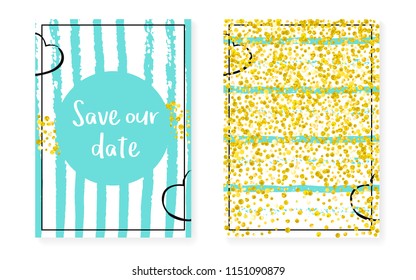 Gold glitter sequins with dots. Wedding and bridal shower invitation cards set with confetti. Vertical mint stripes background. Elegant gold glitter sequins for party, event, save the date flyer