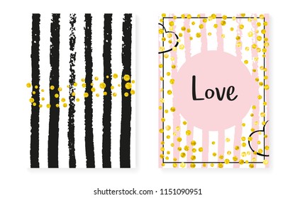 Gold glitter sequins with dots. Wedding and bridal shower invitation cards set with confetti. Vertical stripes background. Luxury gold glitter sequins for party, event, save the date flyer.
