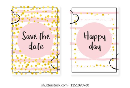Gold glitter sequins with dots. Wedding and bridal shower invitation cards set with confetti. Vertical stripes background. Tender gold glitter sequins for party, event, save the date flyer.