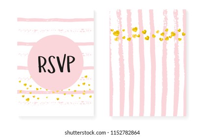 Gold glitter sequins with dots. Wedding and bridal shower invitation cards set with confetti. Vertical stripes background. Fashion gold glitter sequins for party, event, save the date flyer.