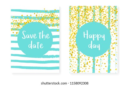 Gold glitter sequins with dots. Wedding and bridal shower invitation cards set with confetti. Vertical turquoise stripes background. Vintage gold glitter sequins for party, event, save the date flyer