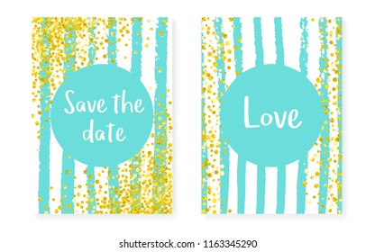 Gold glitter sequins with dots. Wedding and bridal shower invitation cards set with confetti. Vertical turquoise stripes background. Trendy gold glitter sequins for party, event, save the date flyer