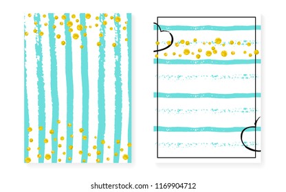 Gold glitter sequins with dots. Wedding and bridal shower invitation cards set with confetti. Vertical mint stripes background. Elegant gold glitter sequins for party, event, save the date flyer