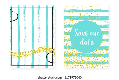 Gold glitter sequins with dots. Wedding and bridal shower invitation cards set with confetti. Vertical mint stripes background. Fashion gold glitter sequins for party, event, save the date flyer