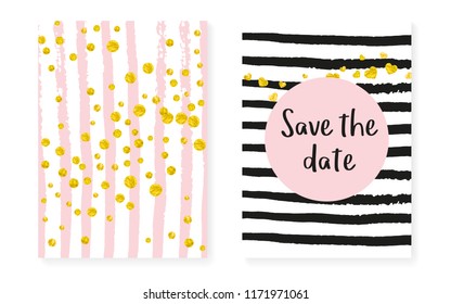 Gold glitter sequins with dots. Wedding and bridal shower invitation cards set with confetti. Vertical stripes background. Stylish gold glitter sequins for party, event, save the date flyer.