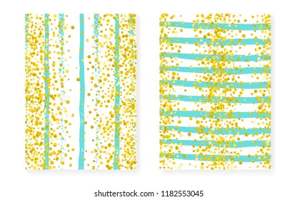 Gold glitter sequins with dots. Wedding and bridal shower invitation cards set with confetti. Vertical stripes background. Hipster gold glitter sequins for party, event, save the date flyer.