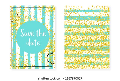 Gold glitter sequins with dots. Wedding and bridal shower invitation cards set with confetti. Vertical turquoise stripes background. Retro gold glitter sequins for party, event, save the date flyer