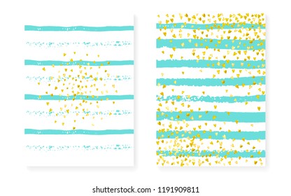 Gold glitter sequins with dots. Wedding and bridal shower invitation cards set with confetti. Vertical stripes background. Tender gold glitter sequins for party, event, save the date flyer.
