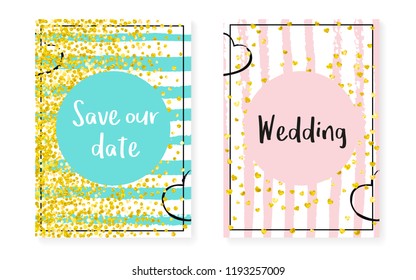 Gold glitter sequins with dots. Wedding and bridal shower invitation cards set with confetti. Vertical stripes background. Fashion gold glitter sequins for party, event, save the date flyer.