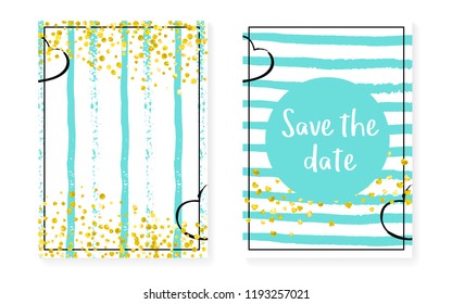 Gold glitter sequins with dots. Wedding and bridal shower invitation cards set with confetti. Vertical turquoise stripes background. Creative gold glitter sequins for party, event, save the date flyer