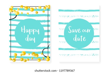 Gold glitter sequins with dots. Wedding and bridal shower invitation cards set with confetti. Vertical mint stripes background. Creative gold glitter sequins for party, event, save the date flyer