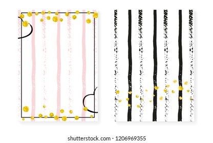 Gold glitter sequins with dots. Wedding and bridal shower invitation cards set with confetti. Vertical stripes background. Fashion gold glitter sequins for party, event, save the date flyer.