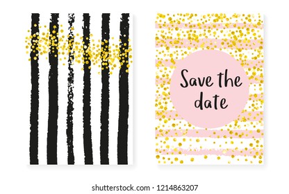 Gold glitter sequins with dots. Wedding and bridal shower invitation cards set with confetti. Vertical stripes background. Luxury gold glitter sequins for party, event, save the date flyer.