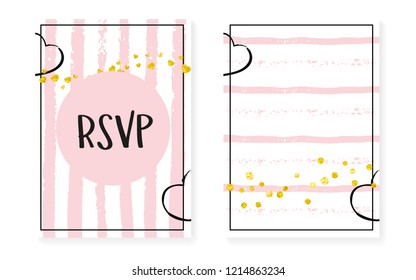 Gold glitter sequins with dots. Wedding and bridal shower invitation cards set with confetti. Vertical stripes background. Vintage gold glitter sequins for party, event, save the date flyer.