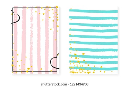 Gold glitter sequins with dots. Wedding and bridal shower invitation cards set with confetti. Vertical stripes background. Retro gold glitter sequins for party, event, save the date flyer.