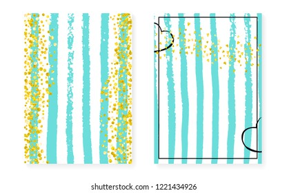 Gold glitter sequins with dots. Wedding and bridal shower invitation cards set with confetti. Vertical turquoise stripes background. Retro gold glitter sequins for party, event, save the date flyer