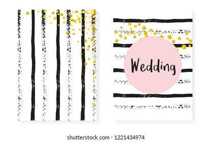Gold glitter sequins with dots. Wedding and bridal shower invitation cards set with confetti. Vertical stripes background. Fashion gold glitter sequins for party, event, save the date flyer.