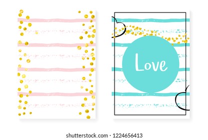 Gold glitter sequins with dots. Wedding and bridal shower invitation cards set with confetti. Vertical stripes background. Luxury gold glitter sequins for party, event, save the date flyer.