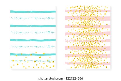Gold glitter sequins with dots. Wedding and bridal shower invitation cards set with confetti. Vertical stripes background. Retro gold glitter sequins for party, event, save the date flyer.