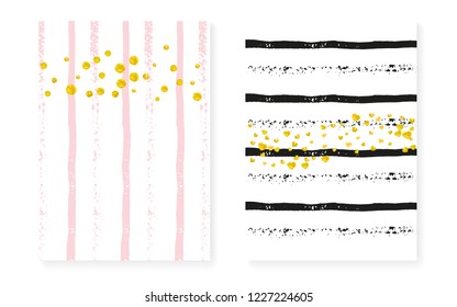 Gold glitter sequins with dots. Wedding and bridal shower invitation cards set with confetti. Vertical stripes background. Creative gold glitter sequins for party, event, save the date flyer.