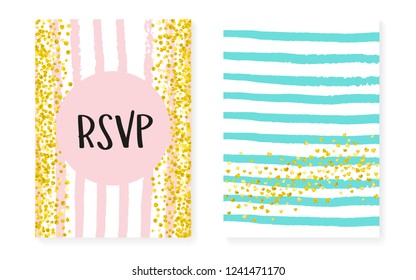 Gold glitter sequins with dots. Wedding and bridal shower invitation cards set with confetti. Vertical stripes background. Retro gold glitter sequins for party, event, save the date flyer.