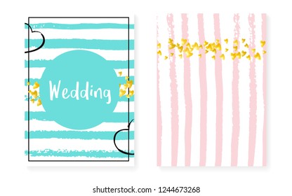 Gold glitter sequins with dots. Wedding and bridal shower invitation cards set with confetti. Vertical stripes background. Trendy gold glitter sequins for party, event, save the date flyer.