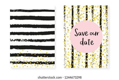 Gold glitter sequins with dots. Wedding and bridal shower invitation cards set with confetti. Vertical stripes background. Elegant gold glitter sequins for party, event, save the date flyer.