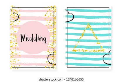 Gold glitter sequins with dots. Wedding and bridal shower invitation cards set with confetti. Vertical stripes background. Tender gold glitter sequins for party, event, save the date flyer.