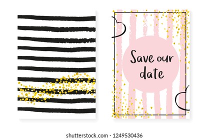 Gold glitter sequins with dots. Wedding and bridal shower invitation cards set with confetti. Vertical stripes background. Vintage gold glitter sequins for party, event, save the date flyer.