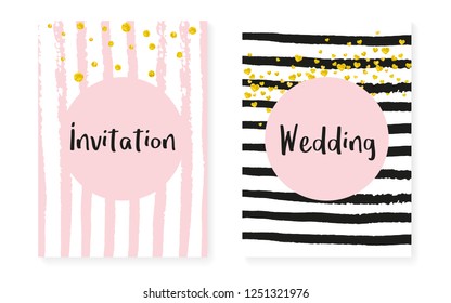Gold glitter sequins with dots. Wedding and bridal shower invitation cards set with confetti. Vertical stripes background. Hipster gold glitter sequins for party, event, save the date flyer.