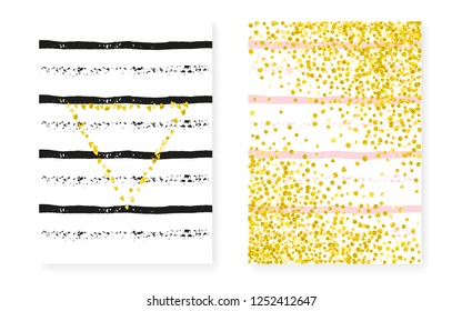 Gold glitter sequins with dots. Wedding and bridal shower invitation cards set with confetti. Vertical stripes background. Tender gold glitter sequins for party, event, save the date flyer.