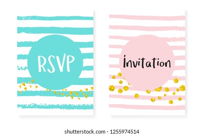Gold glitter sequins with dots. Wedding and bridal shower invitation cards set with confetti. Vertical stripes background. Trendy gold glitter sequins for party, event, save the date flyer.