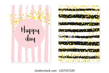 Gold glitter sequins with dots. Wedding and bridal shower invitation cards set with confetti. Vertical stripes background. Creative gold glitter sequins for party, event, save the date flyer.