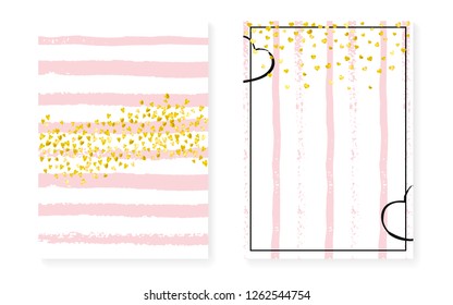 Gold glitter sequins with dots. Wedding and bridal shower invitation cards set with confetti. Vertical stripes background. Stylish gold glitter sequins for party, event, save the date flyer.